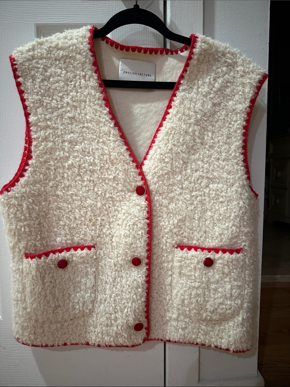 English Factory Cream Sherpa Vest with Red Trim Accents